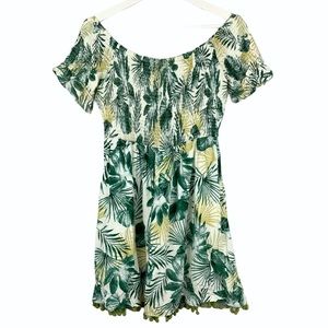 Blue Rain Tropical Smocked Off Shoulder Mini Dress